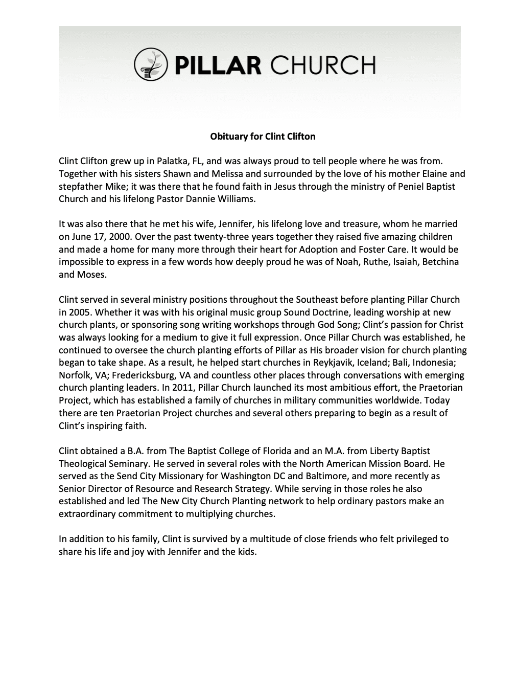 Memorial Service for Clint Clifton Pillar of Dumfries